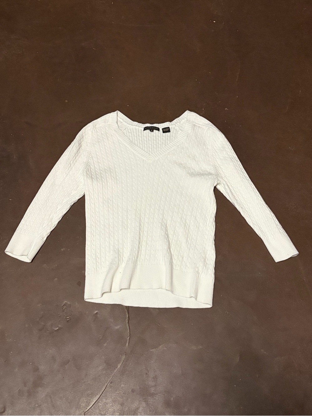 JEANNE PIERRE White Cable Ribbed V-Neck Sweater